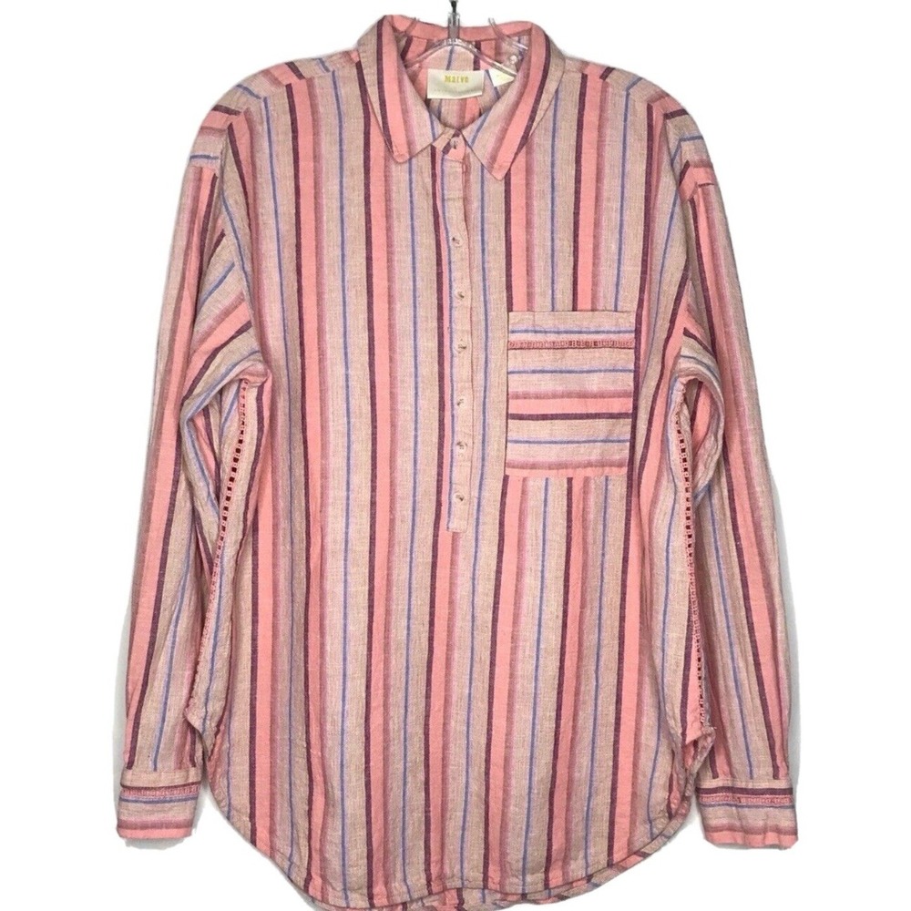 Maeve By Anthropologie Striped Shirt Blouse Top Pullover Button Up Pink Size L‎